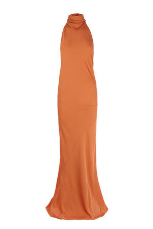 Irena, orange silk crepe halter dress