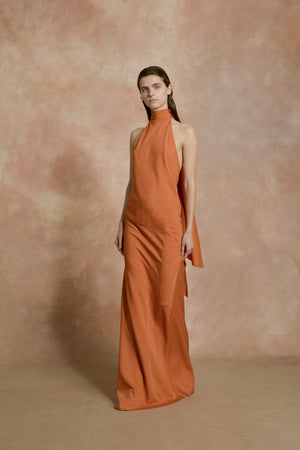 Irena, orange silk crepe halter dress