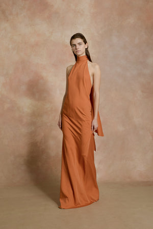 Irena, orange silk crepe halter dress