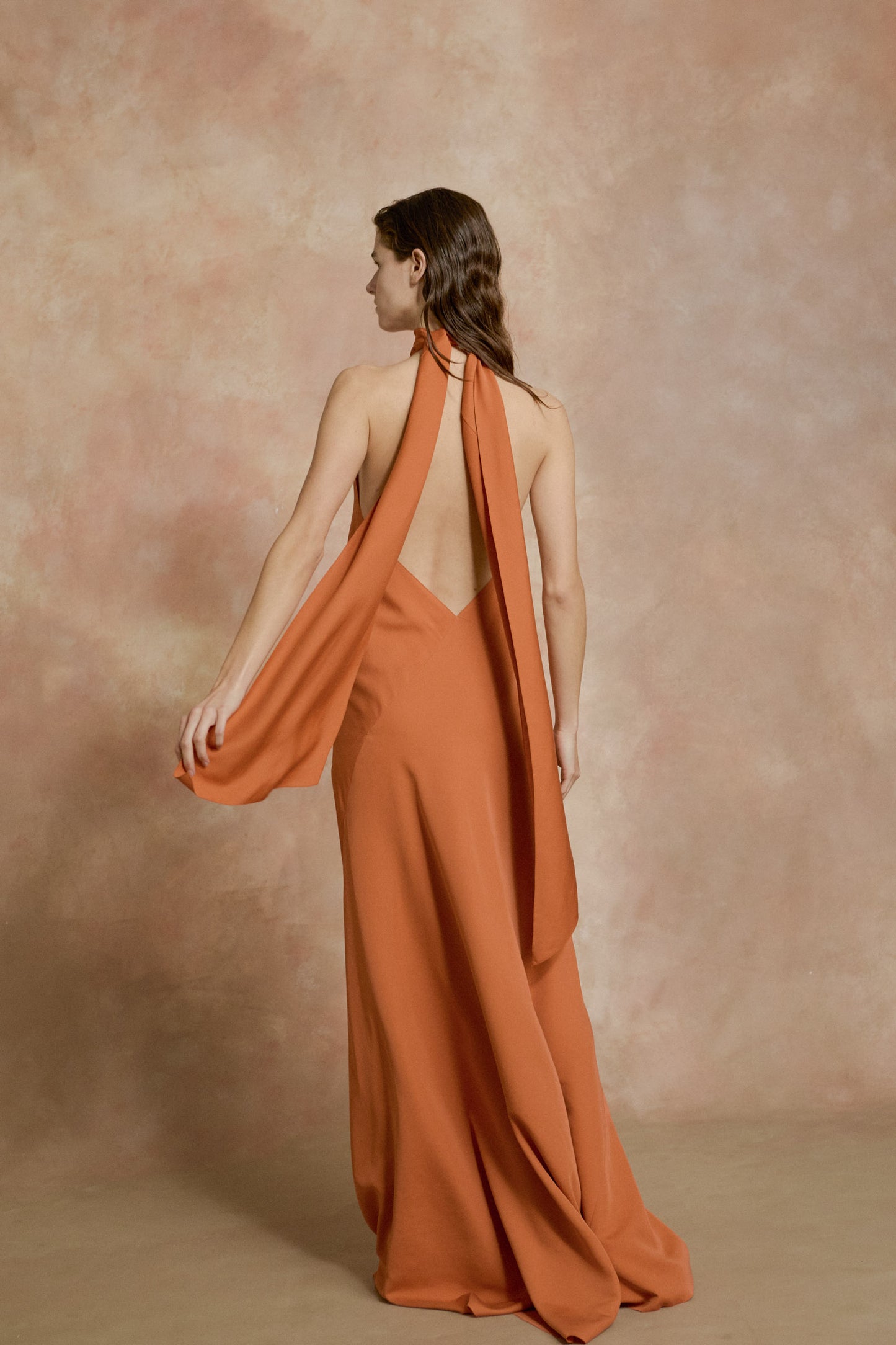 Irena, orange silk crepe halter dress