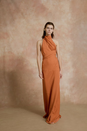 Irena, orange silk crepe halter dress