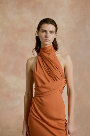 Irena, orange silk crepe halter dress