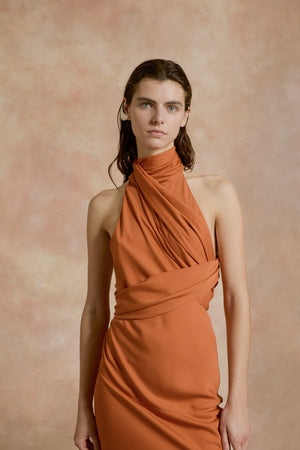 Irena, orange silk crepe halter dress