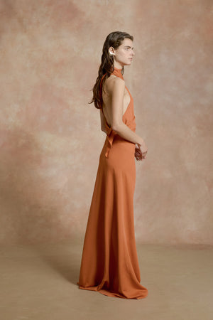 Irena, orange silk crepe halter dress