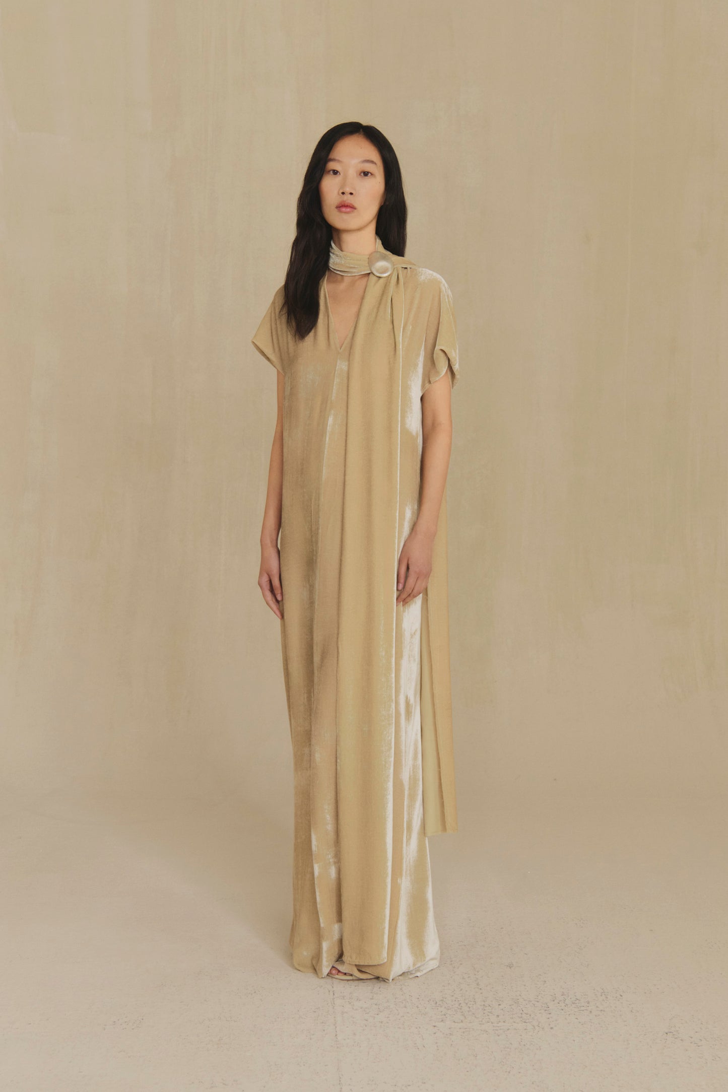 Iris, vestido largo de terciopelo perla