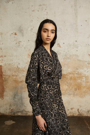 Irma, long yasu print silk dress