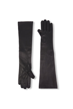 Jin, long black leather gloves