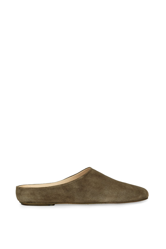 Kibal, women's slippers in dark green suede