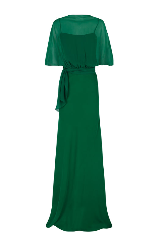 Land, emerald green silk dress