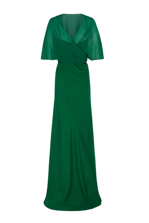 Land, emerald green silk dress