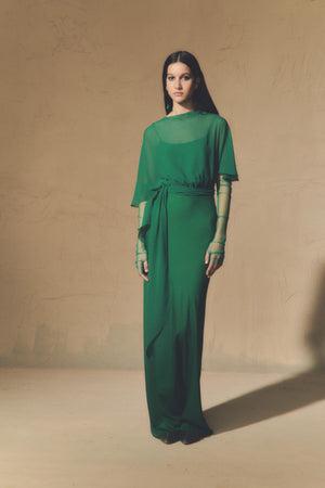 Land, emerald green silk dress