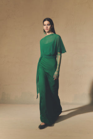 Land, emerald green silk dress