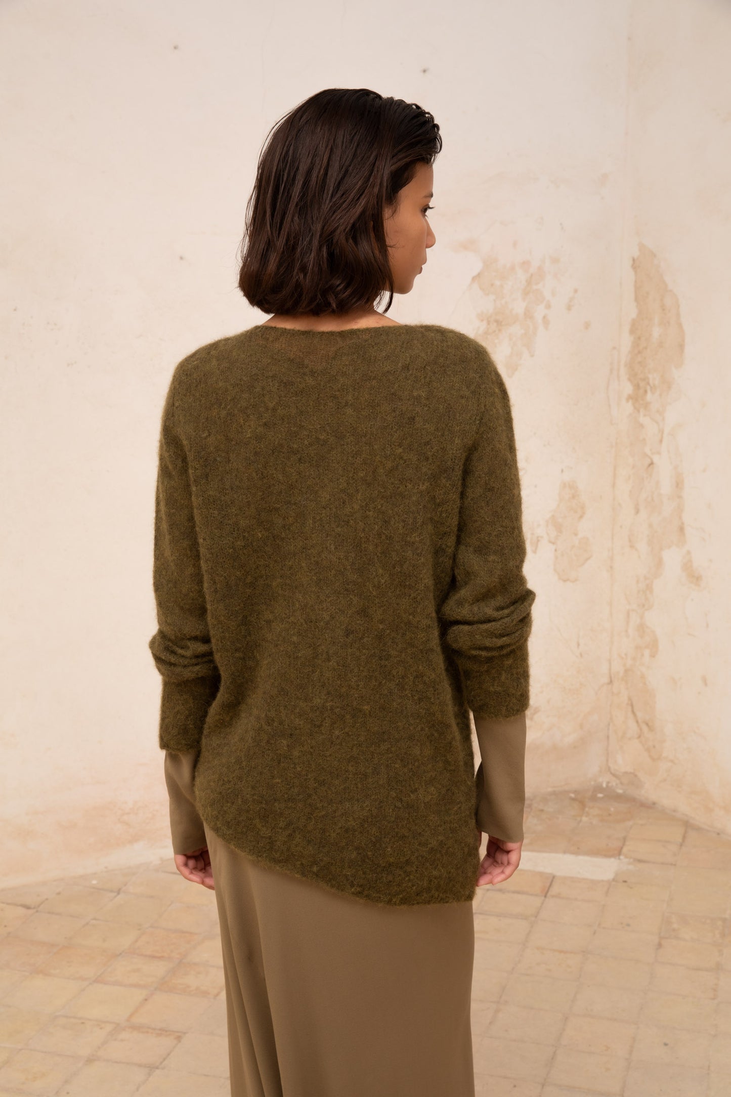 Lena, khaki alpaca, merino wool and silk jumper