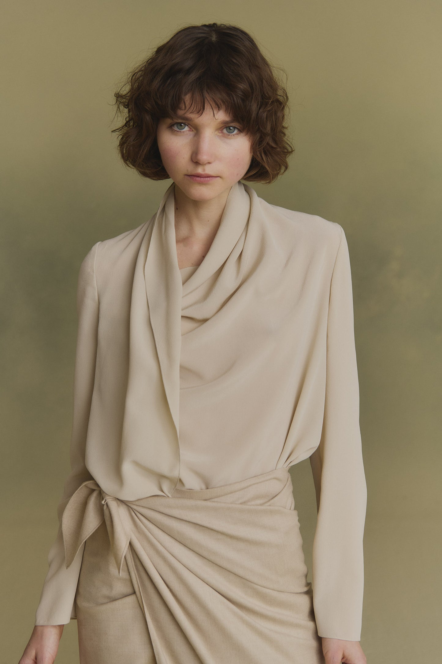 Lyra, beige asymmetric silk blouse