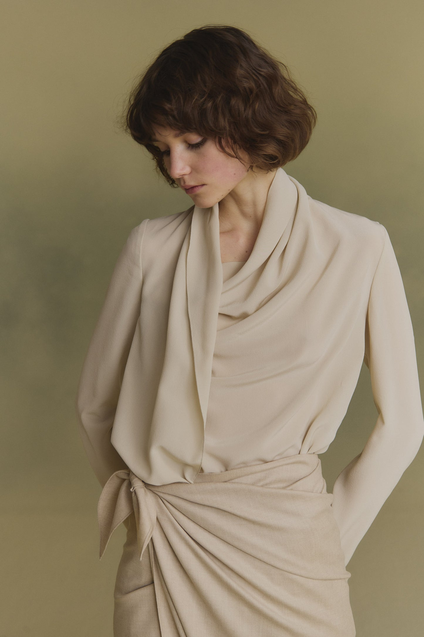 Lyra, beige asymmetric silk blouse