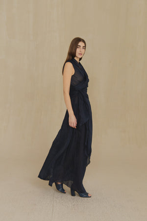 Mar, vestido cruzado de ramio azul marino