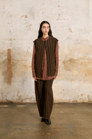 Marc, brown striped vest in linen and wool