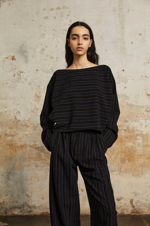 Marcel, blue striped pants in linen and wool