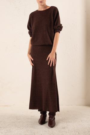 Marlon, long burgundy knitwear skirt