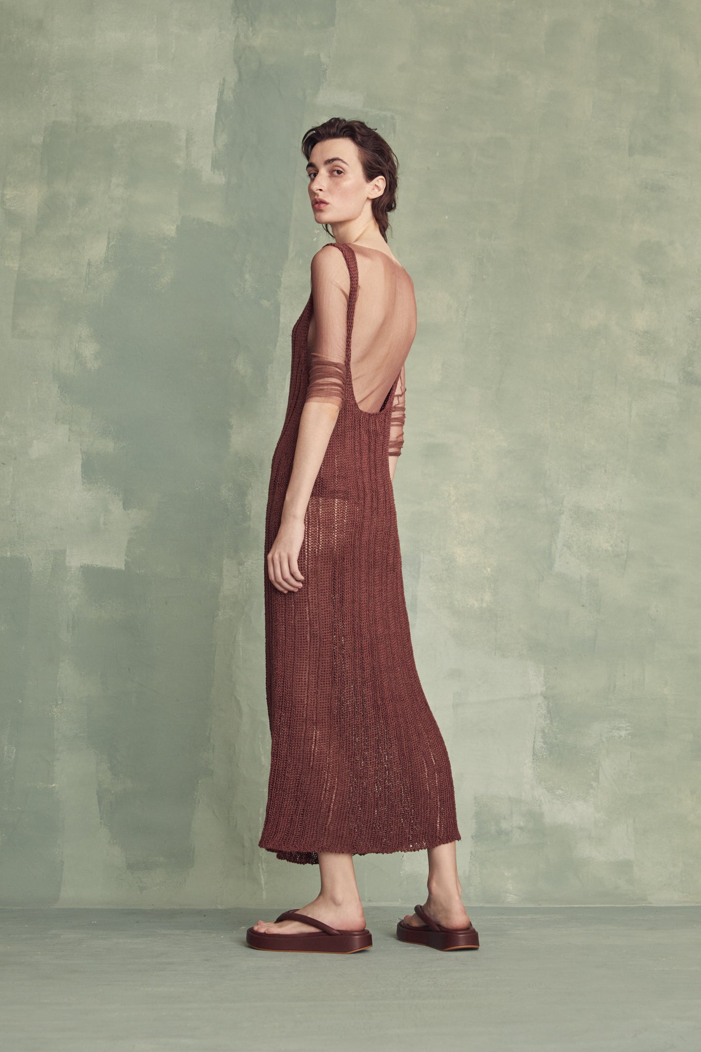 Mine, dress in maroon linen and cotton jersey