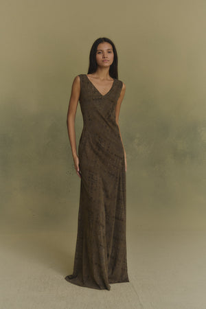 Mire, teki print long silk dress