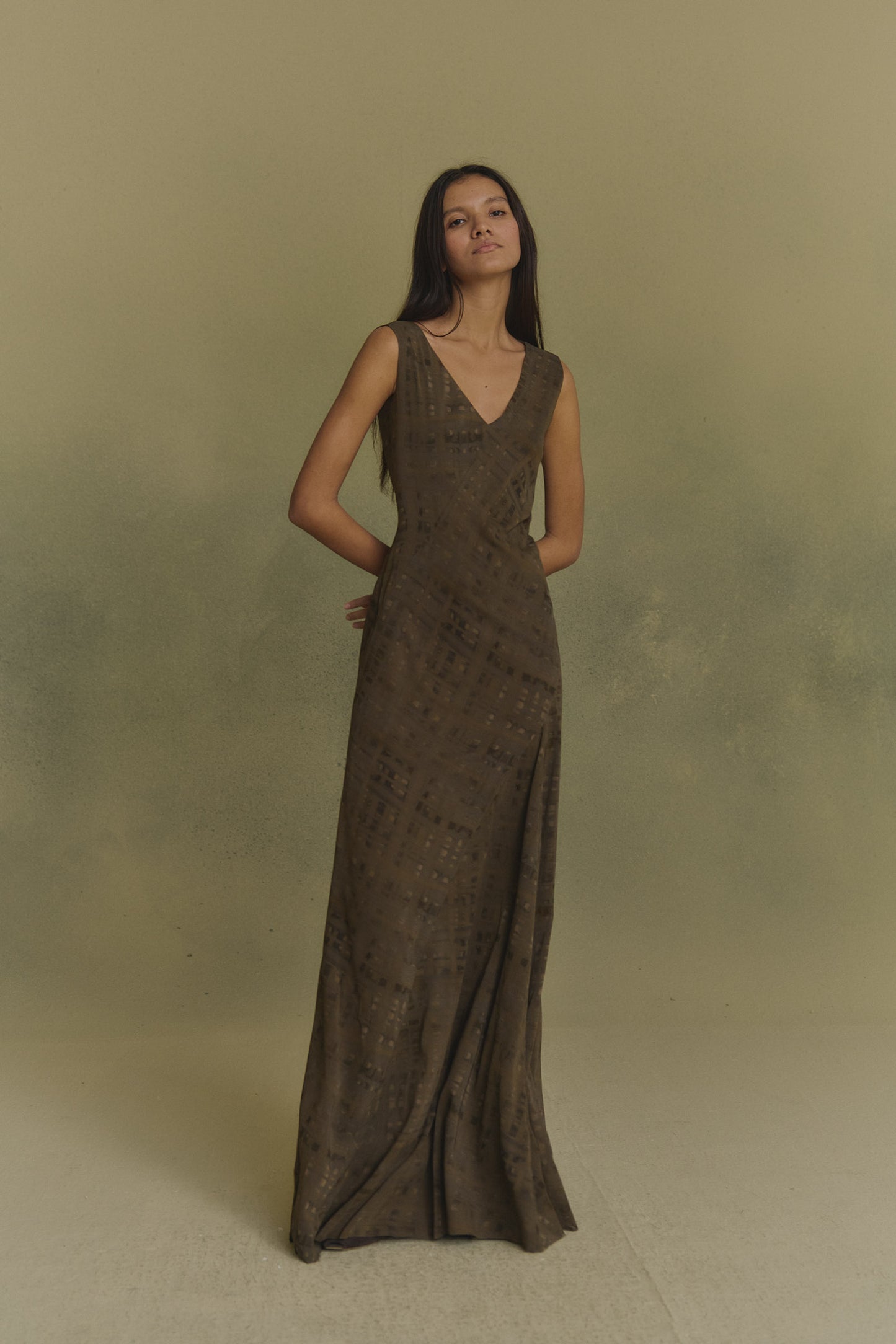 Mire, teki print long silk dress