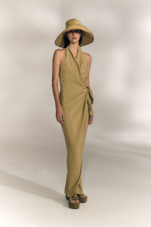 Mona, vestido de lino y seda kaki claro