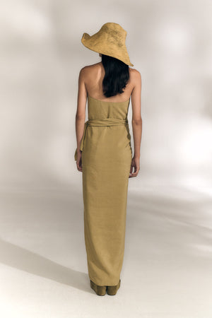 Mona, vestido de lino y seda kaki claro