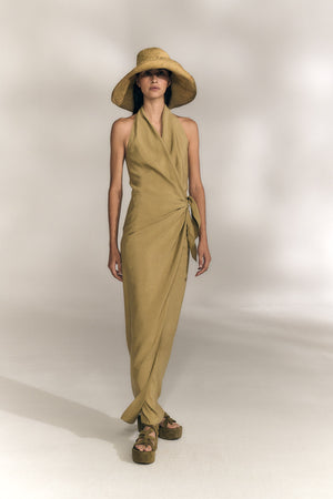 Mona, vestido de lino y seda kaki claro