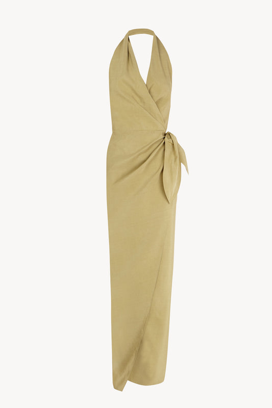 Mona, vestido de lino y seda kaki claro