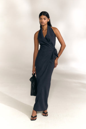 Mona, vestido de lino y seda azul marino