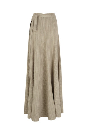 Nilo, falda larga envolvente de lino a rayas gris verde