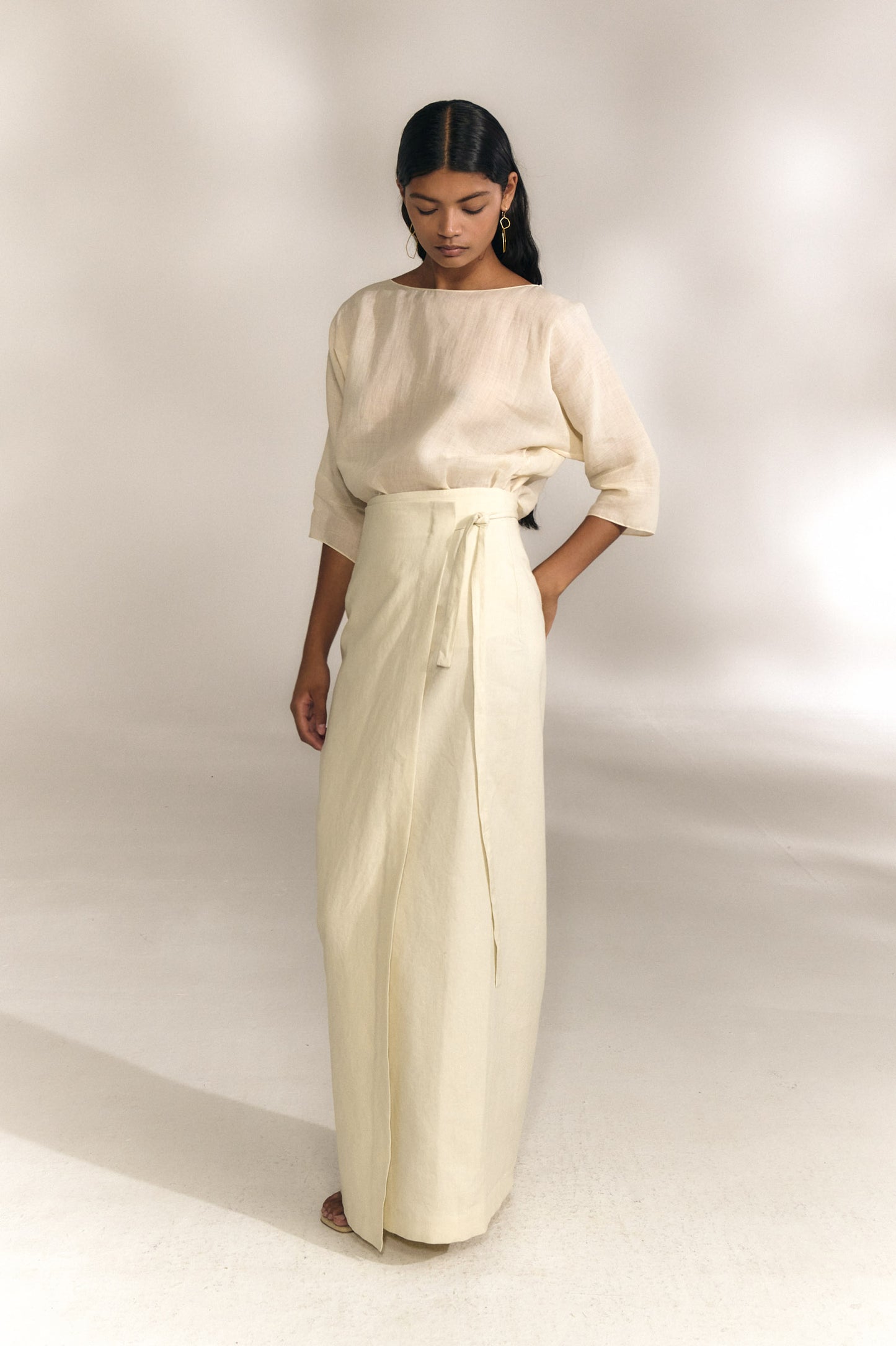 Noa, ivory linen and cotton pareo skirt