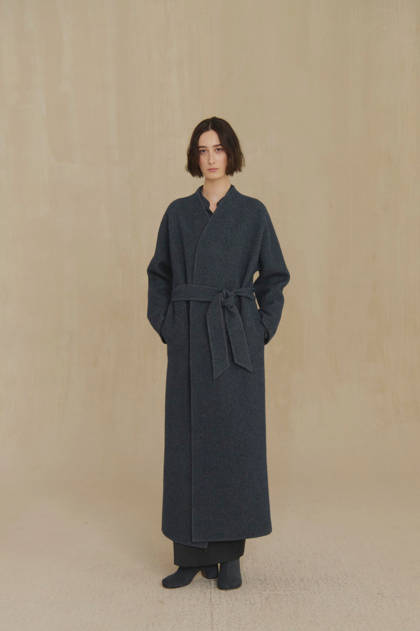 Noon, blue melange wool and cotton long coat