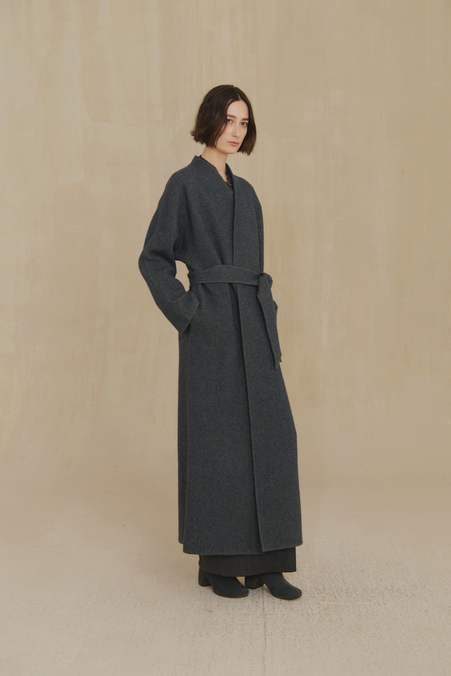 Noon, blue melange wool and cotton long coat