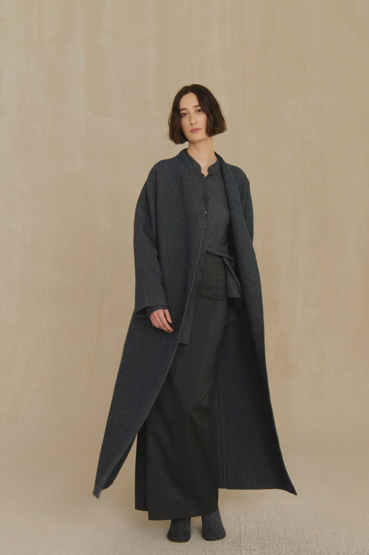 Noon, blue melange wool and cotton long coat