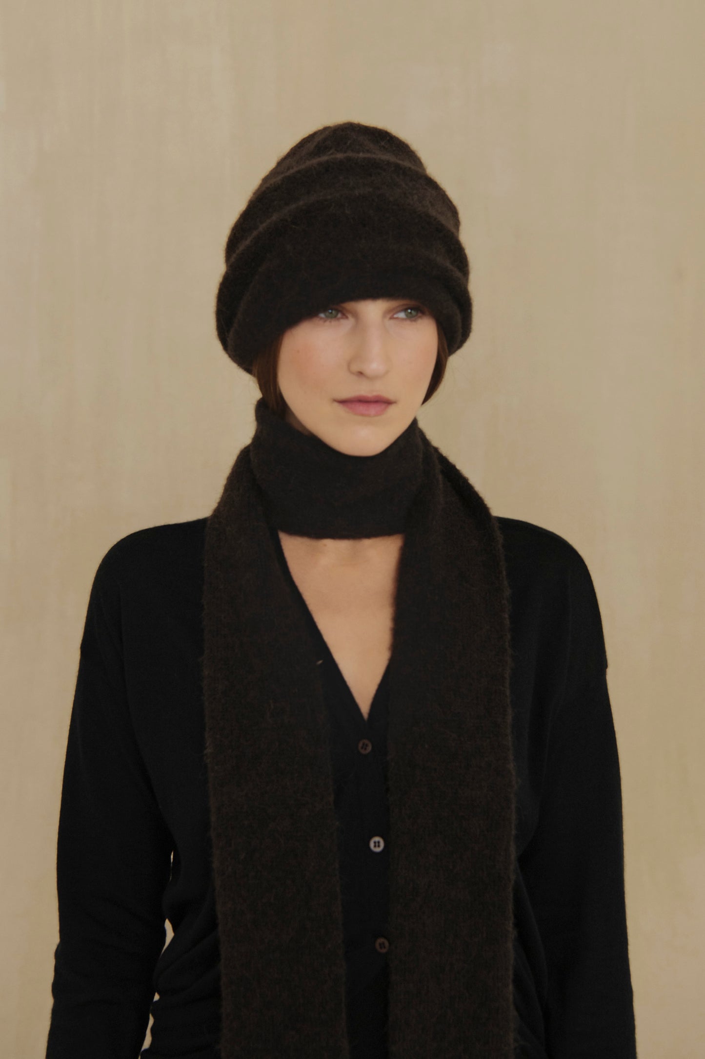 Erika, dark brown wool and silk knit scarf