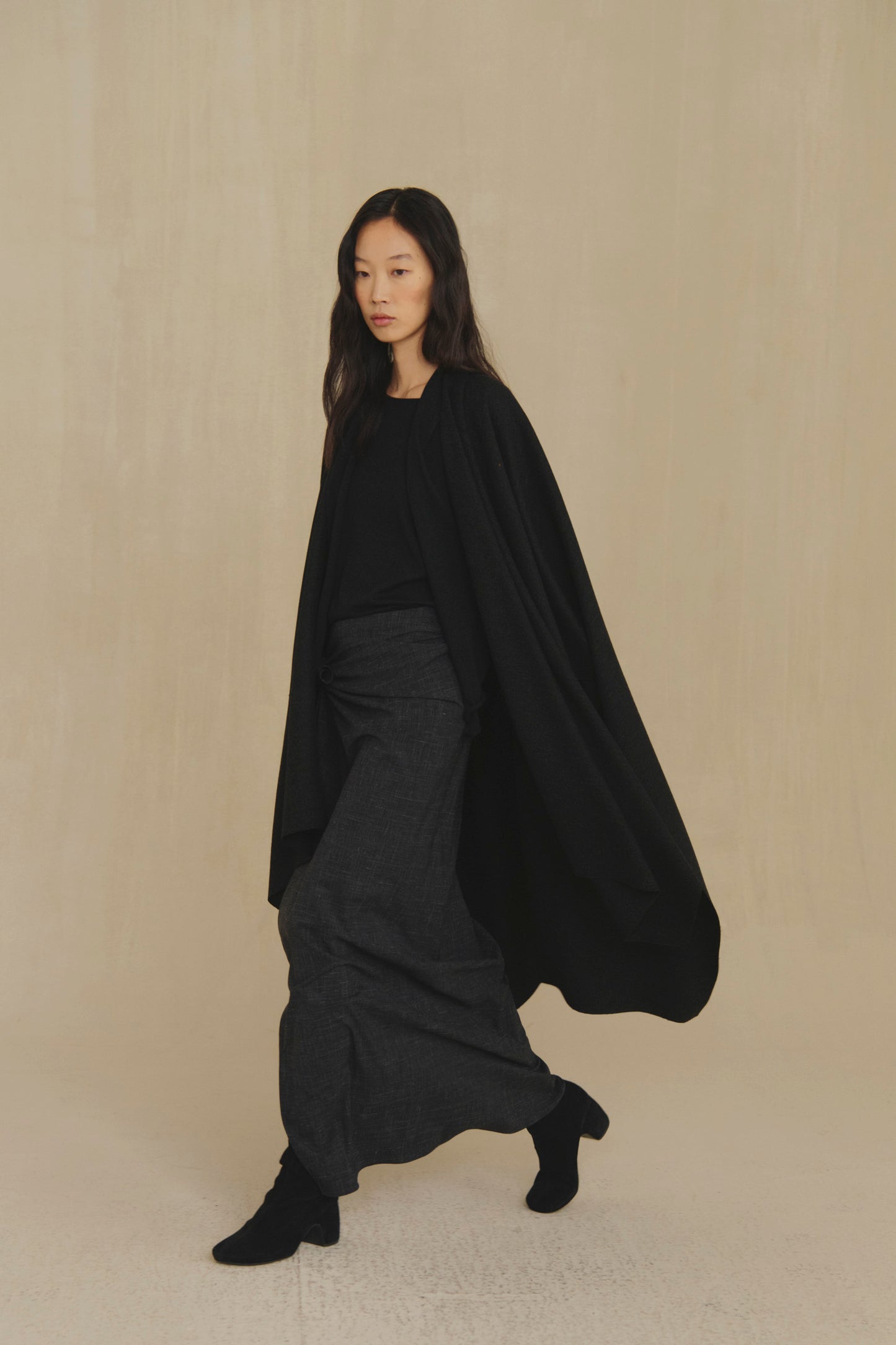 Poncho, black melange wool coat