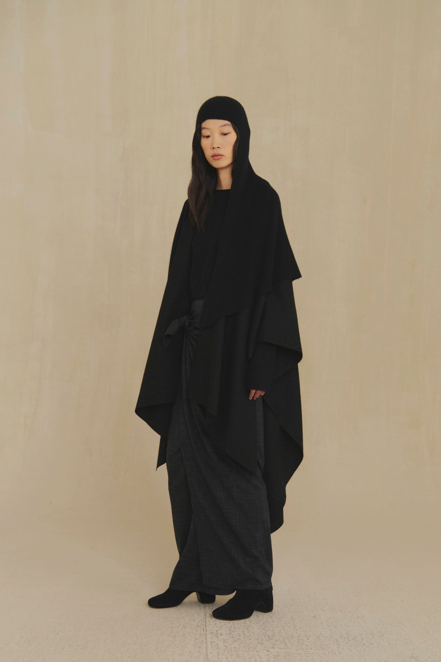 Poncho, black melange wool coat