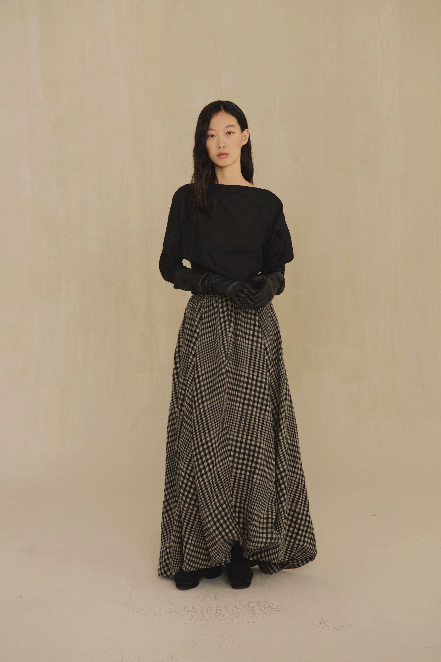 Pausa, virgin wool and linen plaid skirt