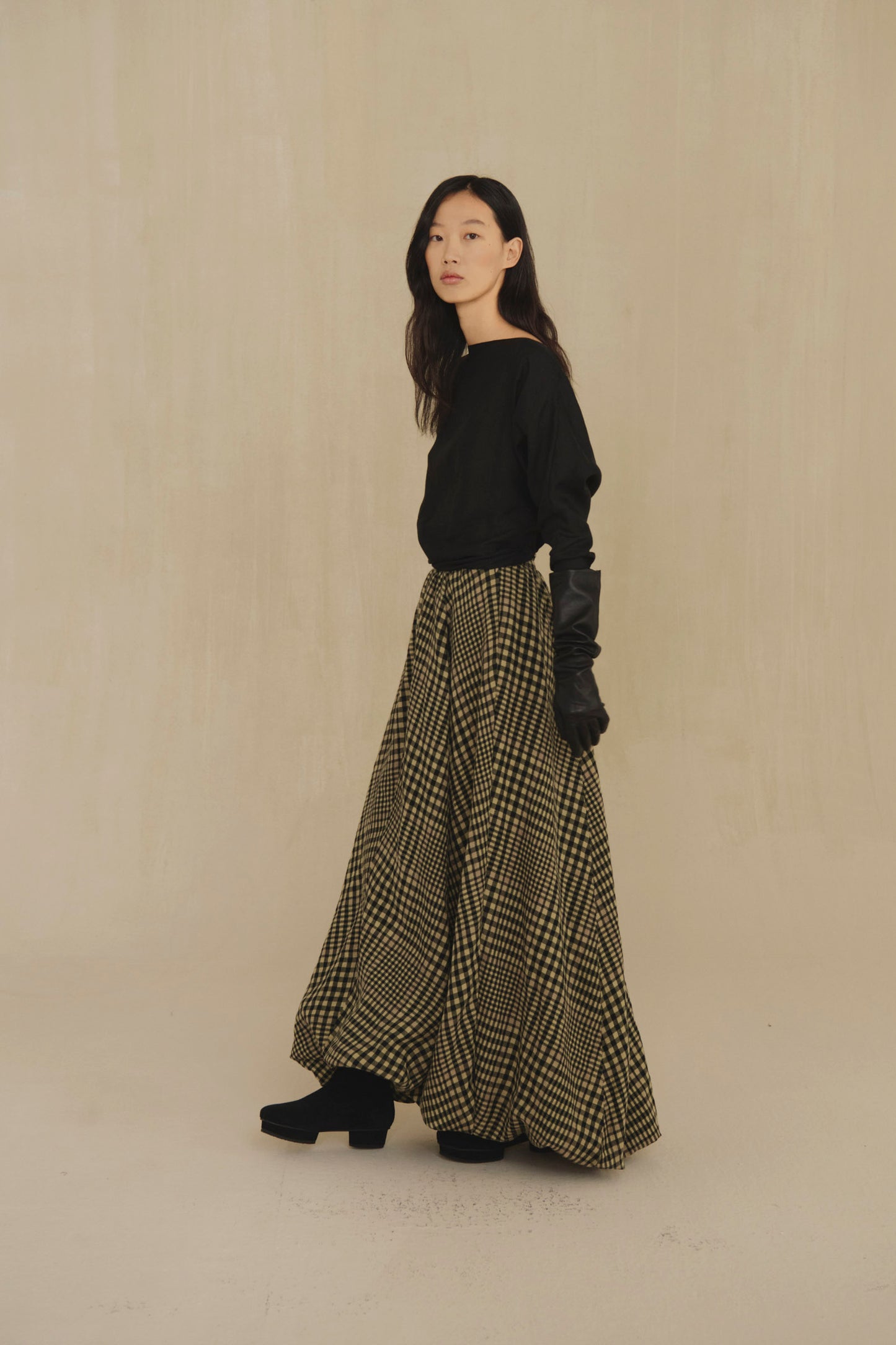 Pausa, virgin wool and linen plaid skirt