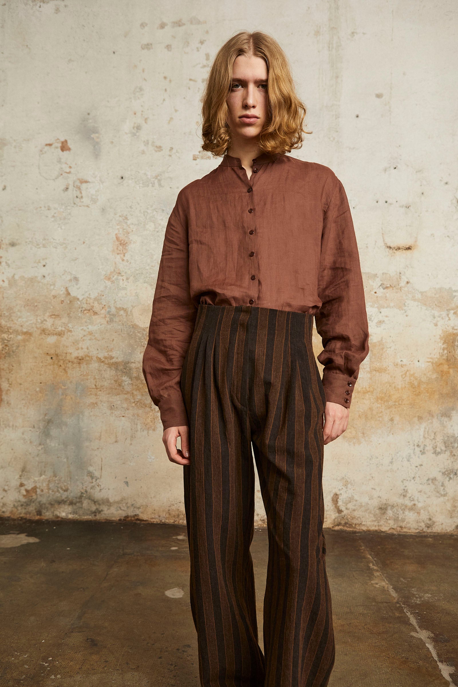 Cortana - Marcel, brown striped pants in linen and wool