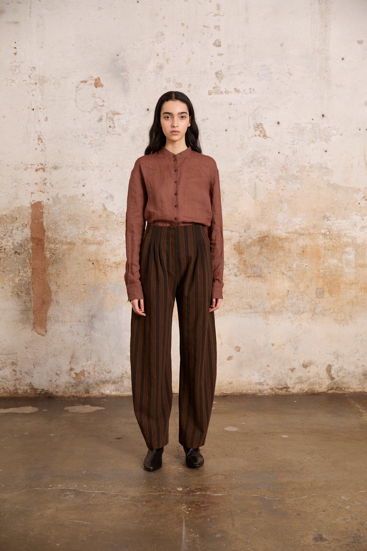 Marcel, brown striped pants in linen and wool