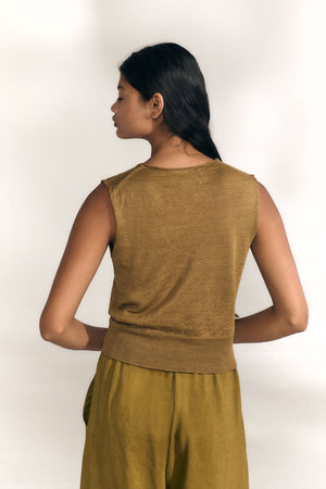 Rinen, chaleco de punto de lino verde oliva