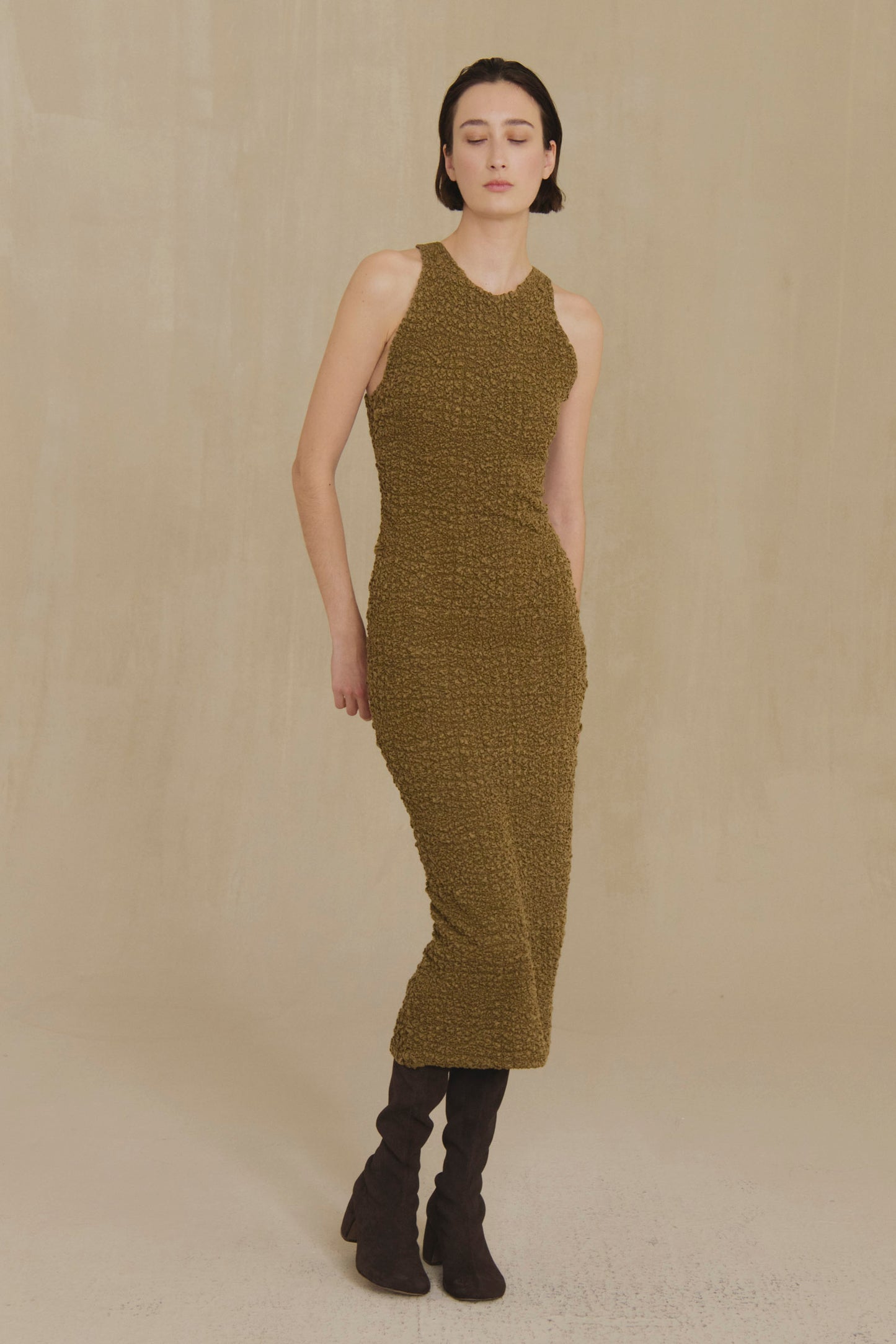 Sabine, khaki textured knit midi dress
