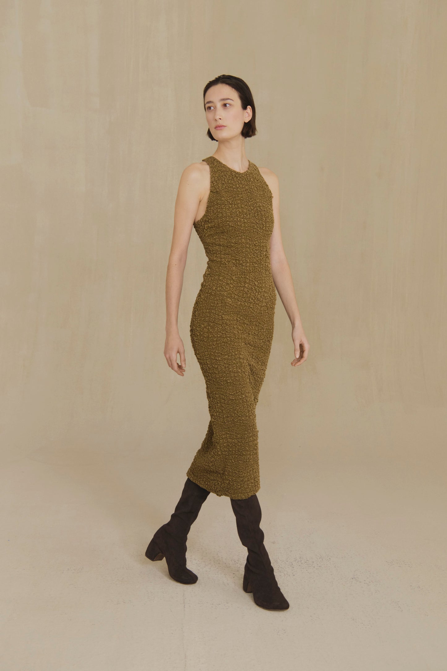 Sabine, khaki textured knit midi dress