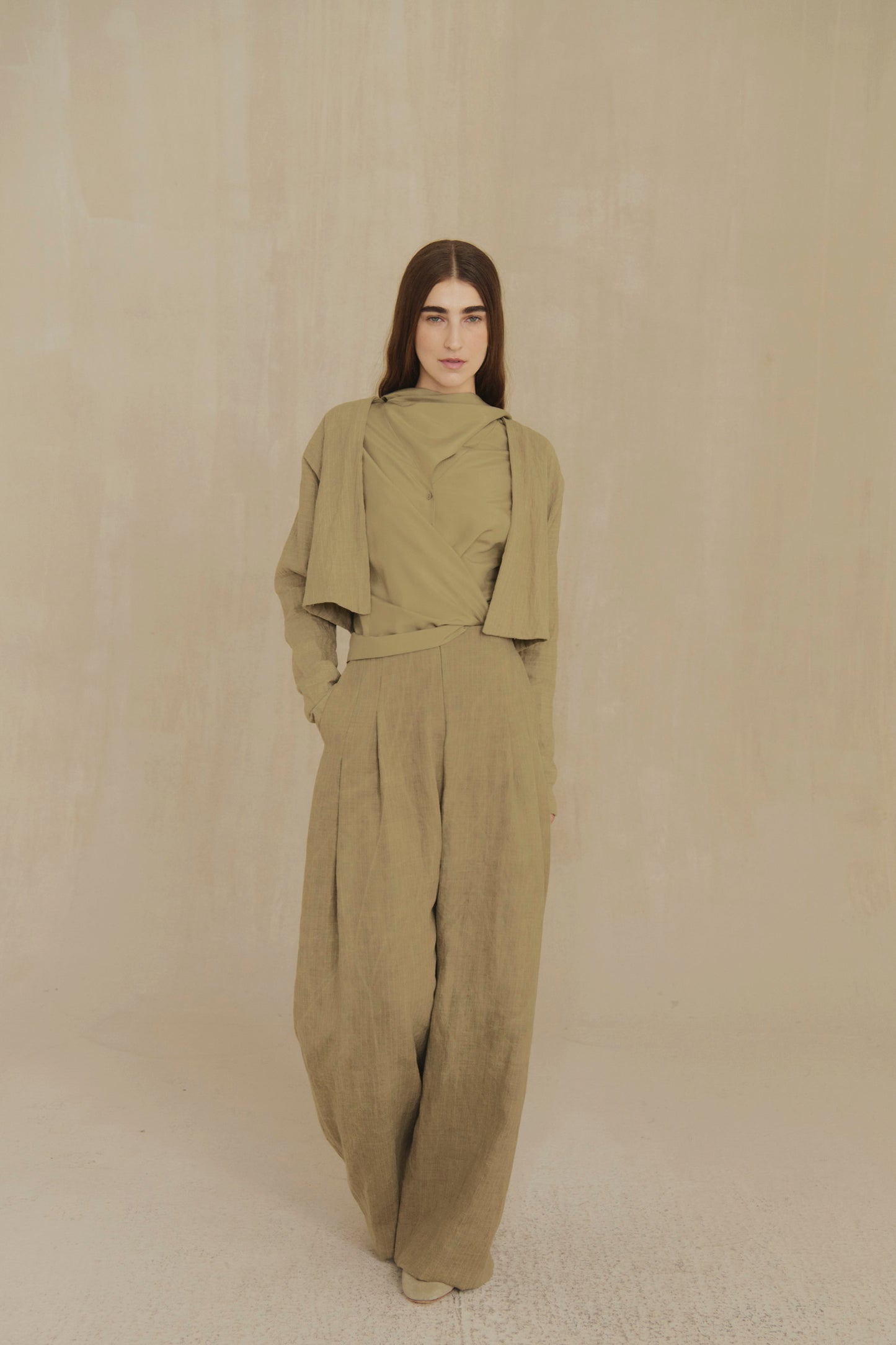 Ser, dark beige striped wool and linen short jacket