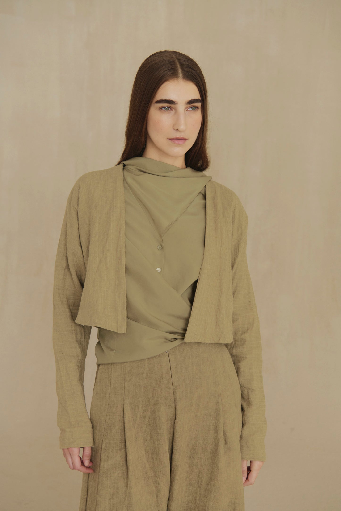 Ser, dark beige striped wool and linen short jacket