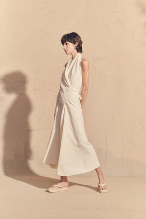 Simona, ivory linen and silk halter dress