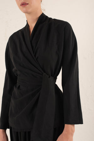 Simona, gray linen and silk wrap jacket